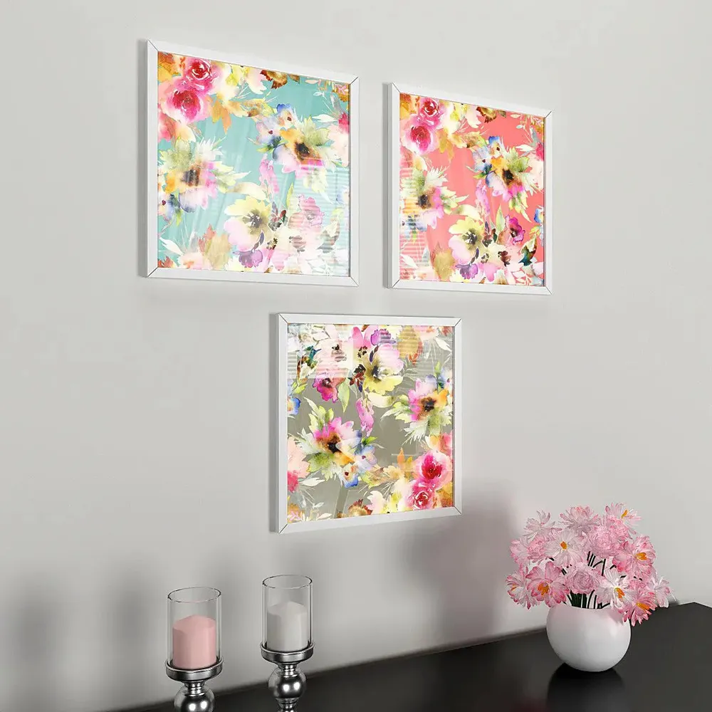 Floral Design Wall Painting with White Frame, Set of 3