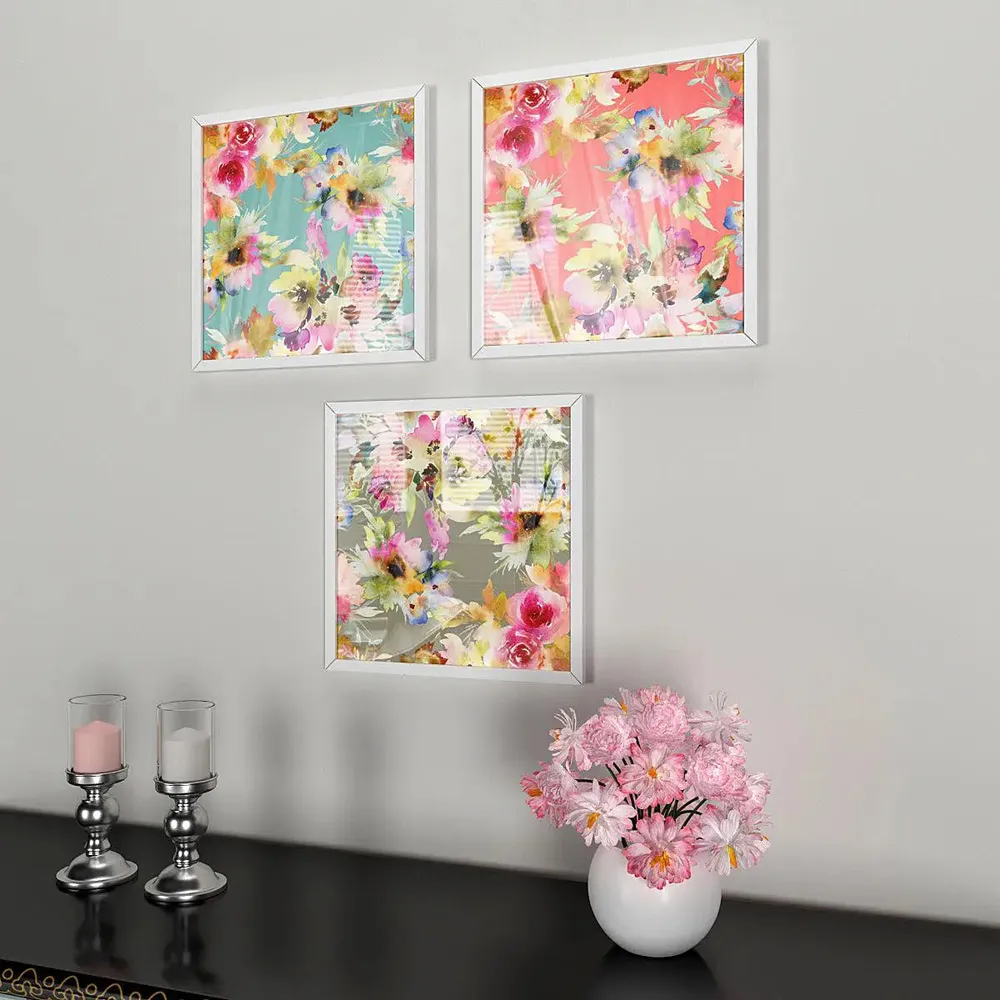 Floral Design Wall Painting with White Frame, Set of 3