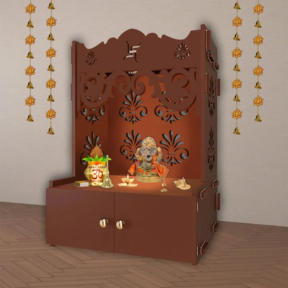 Floral Designer Pattern Floor Temple With Spacious Wooden Shelf &amp; Inbuilt Focus Light- Brown Finish