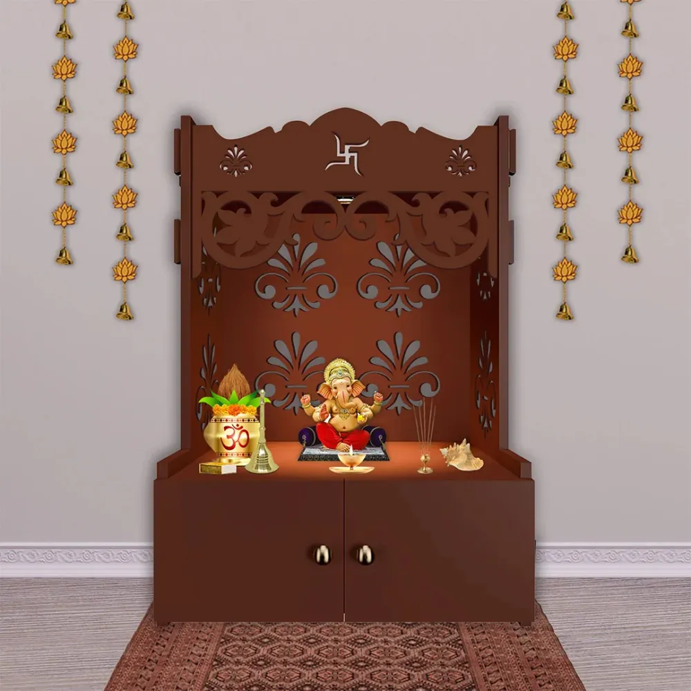 Floral Designer Pattern Floor Temple With Spacious Wooden Shelf &amp; Inbuilt Focus Light- Brown Finish