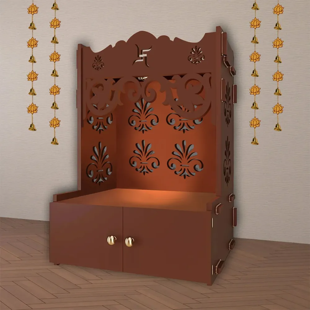 Floral Designer Pattern Floor Temple With Spacious Wooden Shelf &amp; Inbuilt Focus Light- Brown Finish