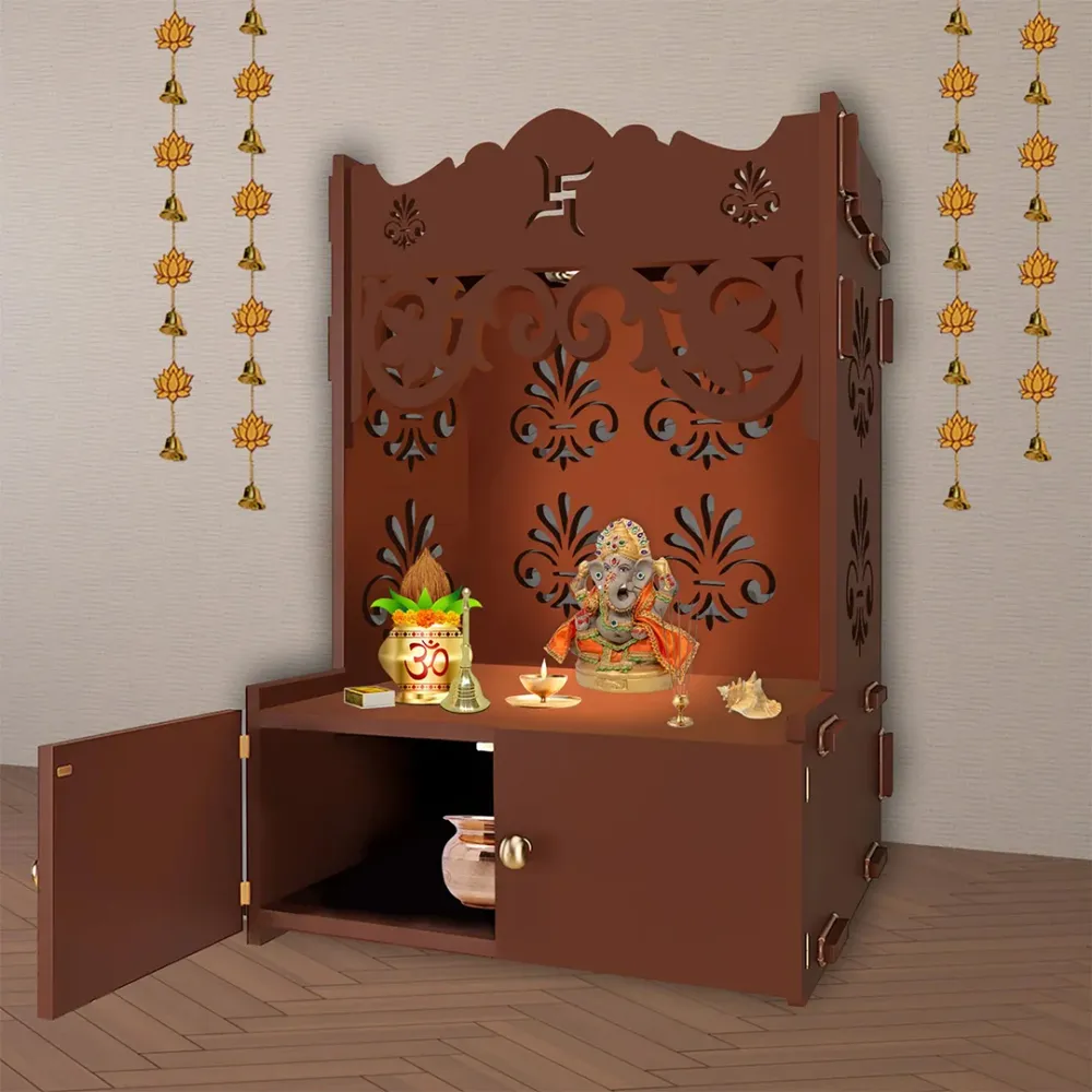 Floral Designer Pattern Floor Temple With Spacious Wooden Shelf &amp; Inbuilt Focus Light- Brown Finish