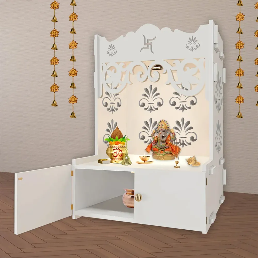 Floral Designer Pattern Floor Temple With Spacious Wooden Shelf &amp; Inbuilt Focus Light- White Finish