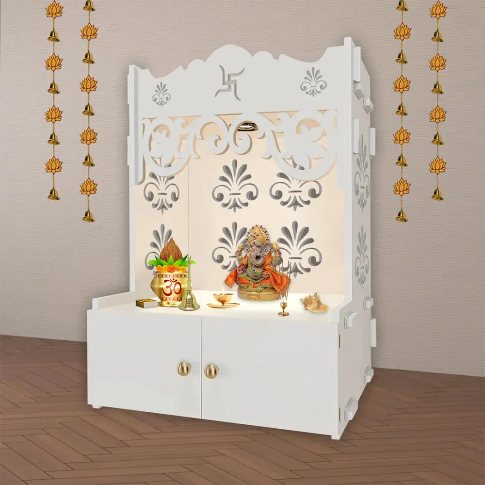 Floral Designer Pattern Floor Temple With Spacious Wooden Shelf &amp; Inbuilt Focus Light- White Finish
