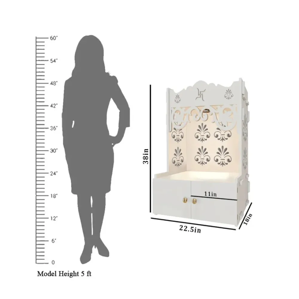 Floral Designer Pattern Floor Temple With Spacious Wooden Shelf &amp; Inbuilt Focus Light- White Finish