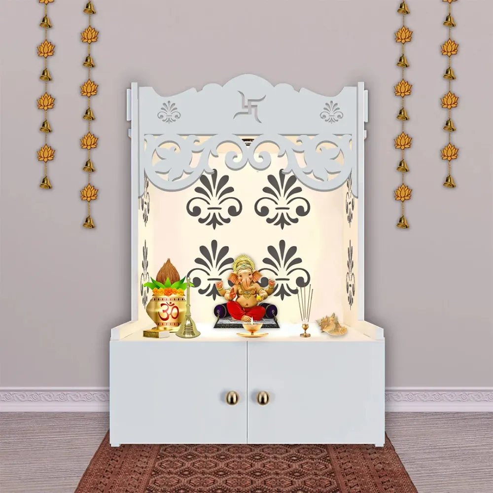 Floral Designer Pattern Floor Temple With Spacious Wooden Shelf &amp; Inbuilt Focus Light- White Finish