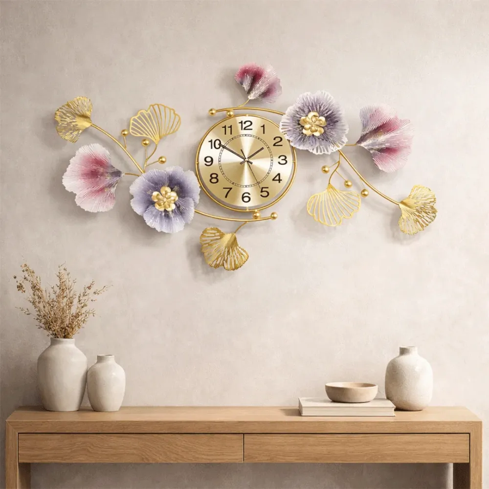 WallMantra Floral Elegance Metal Wall Art Clock – Luxury Decorative Wall Décor 