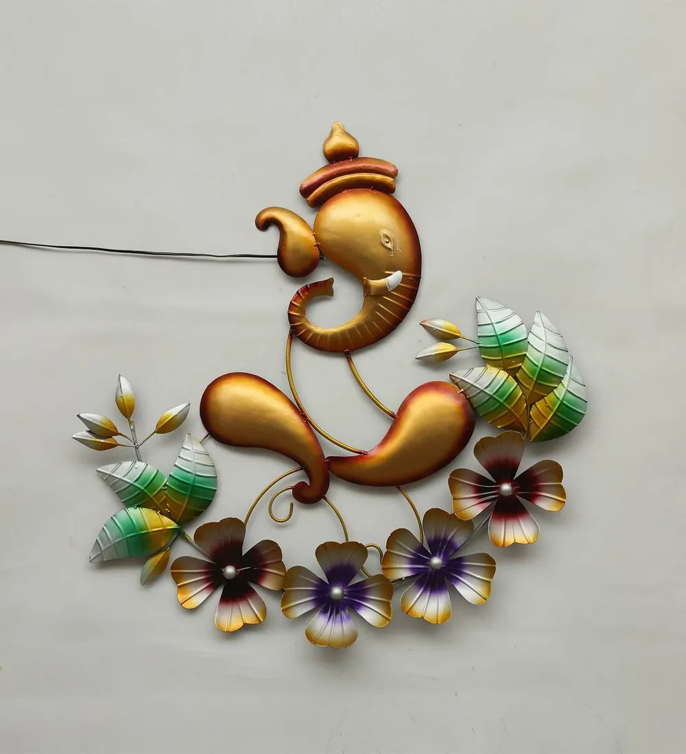 Floral Golden Ganesha LED Metal Wall Art