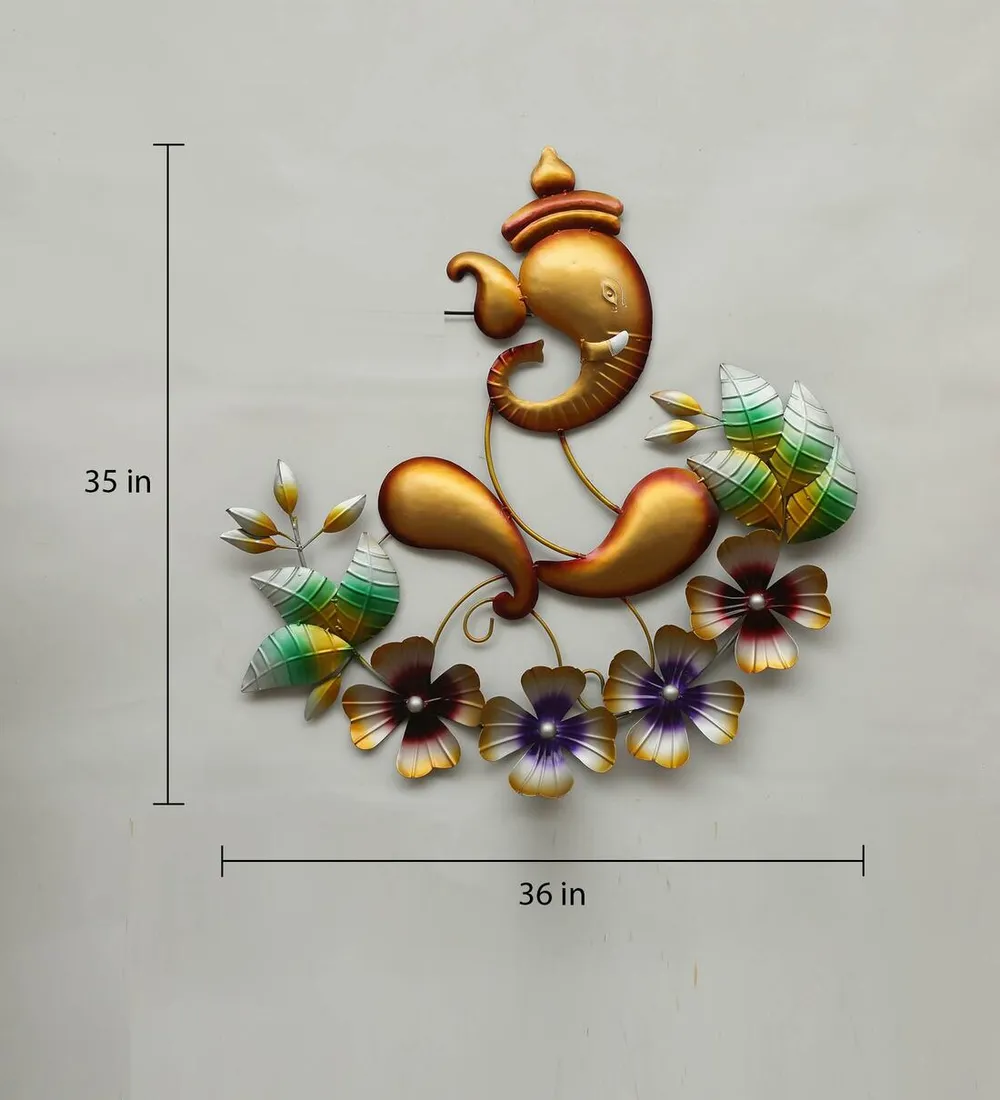 Floral Golden Ganesha LED Metal Wall Art
