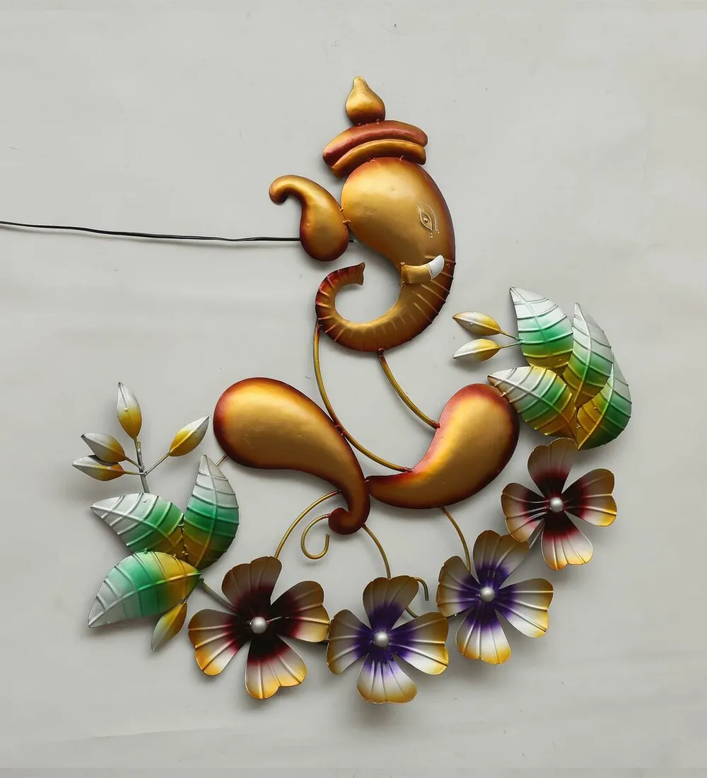 Floral Golden Ganesha LED Metal Wall Art