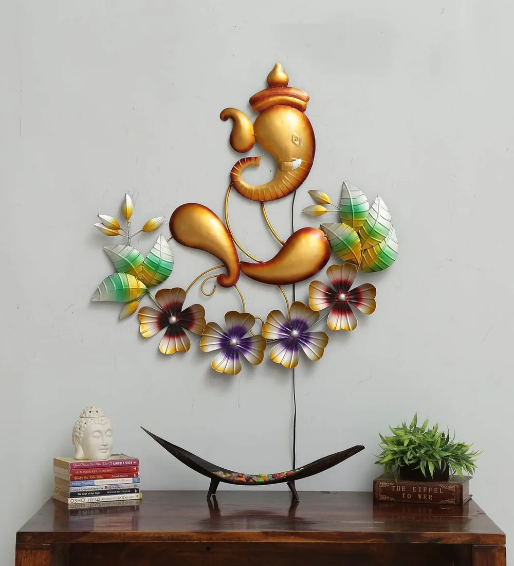 Floral Golden Ganesha LED Metal Wall Art