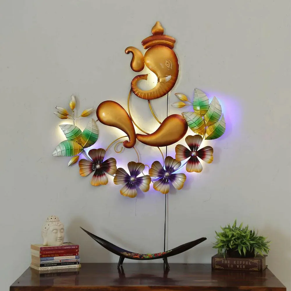 Floral Golden Ganesha LED Metal Wall Art