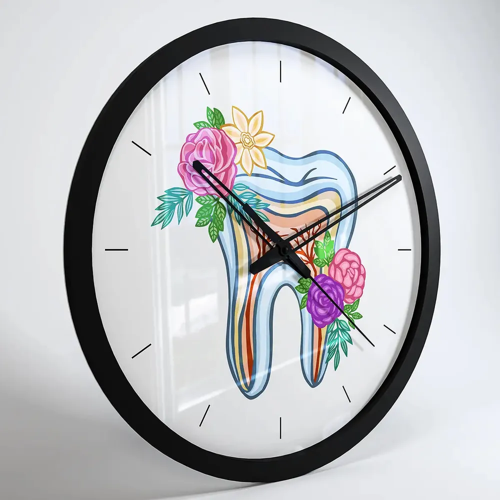 Floral Healthy Tooth Dentist Office Wall Clock Black
