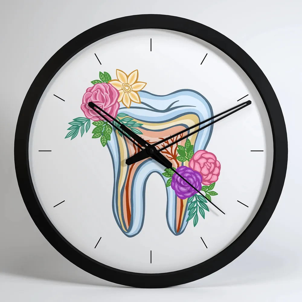 Floral Healthy Tooth Dentist Office Wall Clock Black