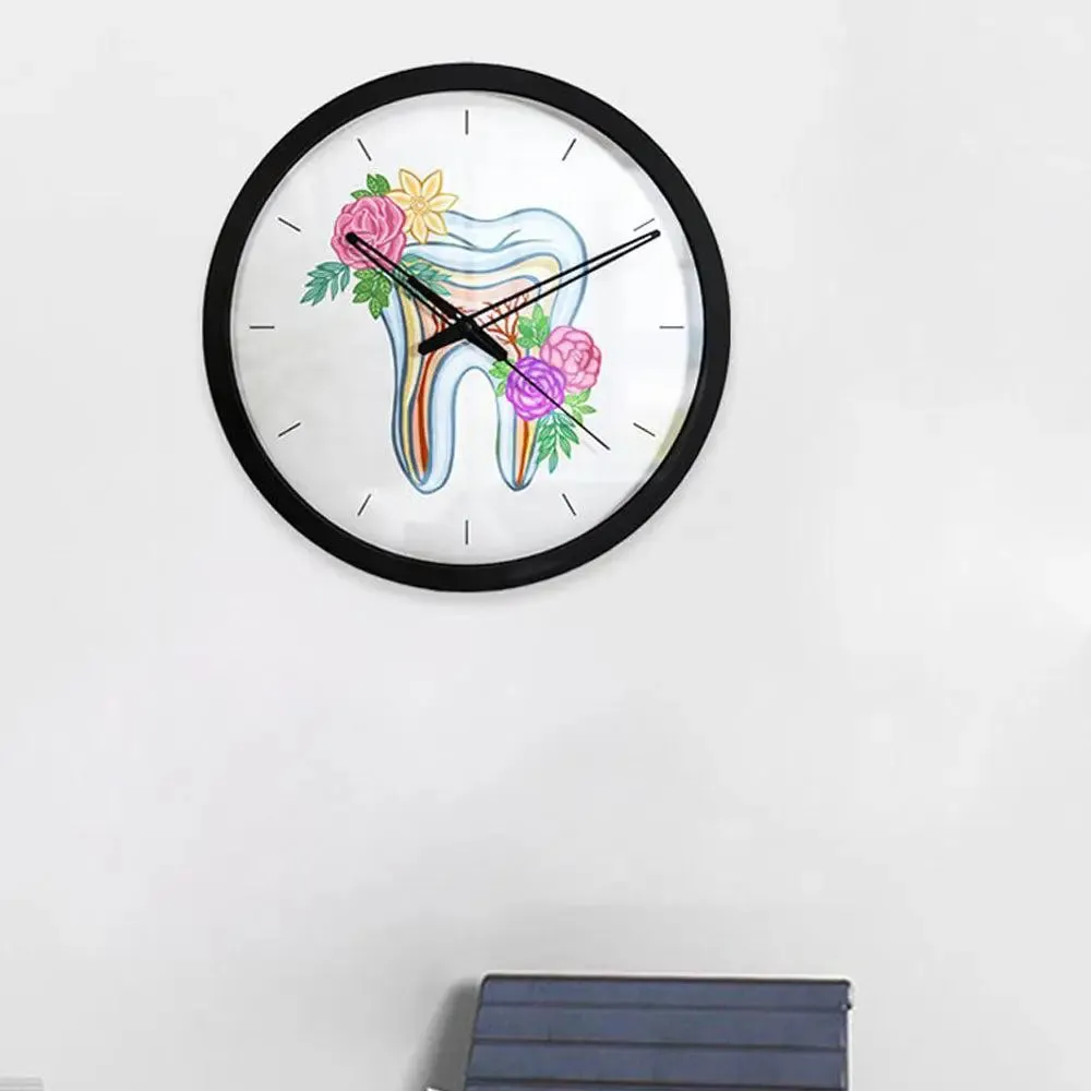 Floral Healthy Tooth Dentist Office Wall Clock Black