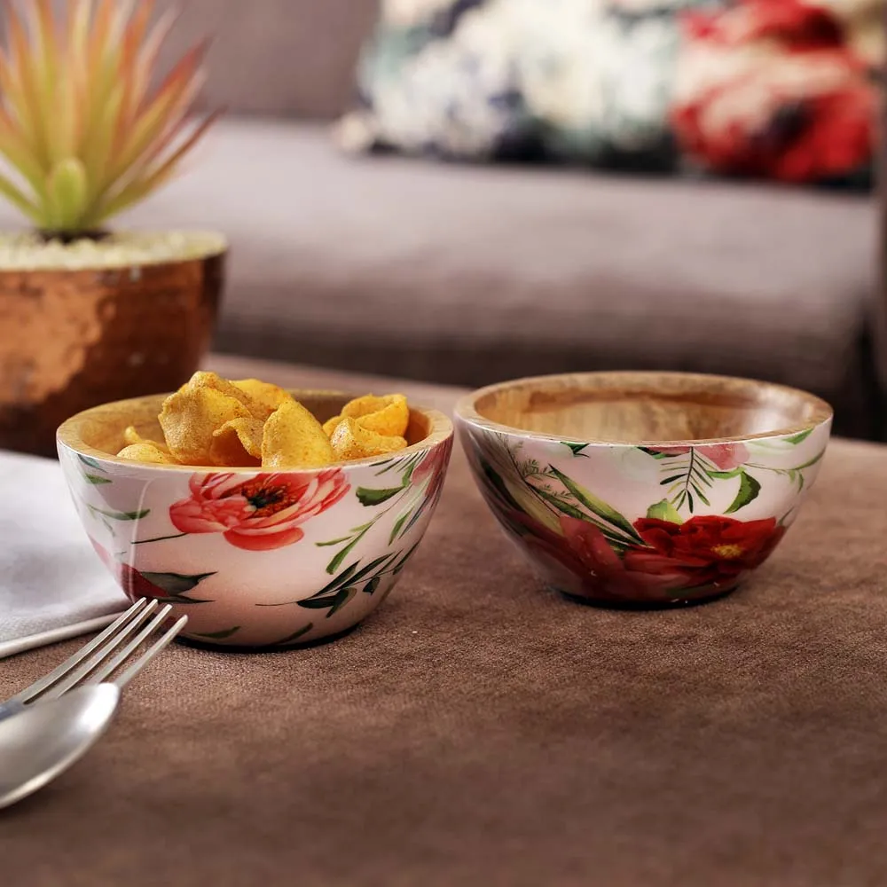 Floral High Quality Mango Wooden Serving Bowls (Set of 2)