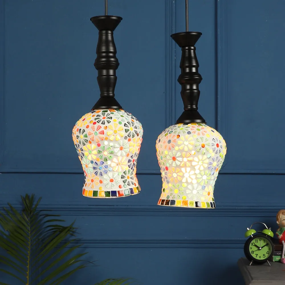 Floral Mosaic Glass Royal Traditional Ceiling Light With Black Holder