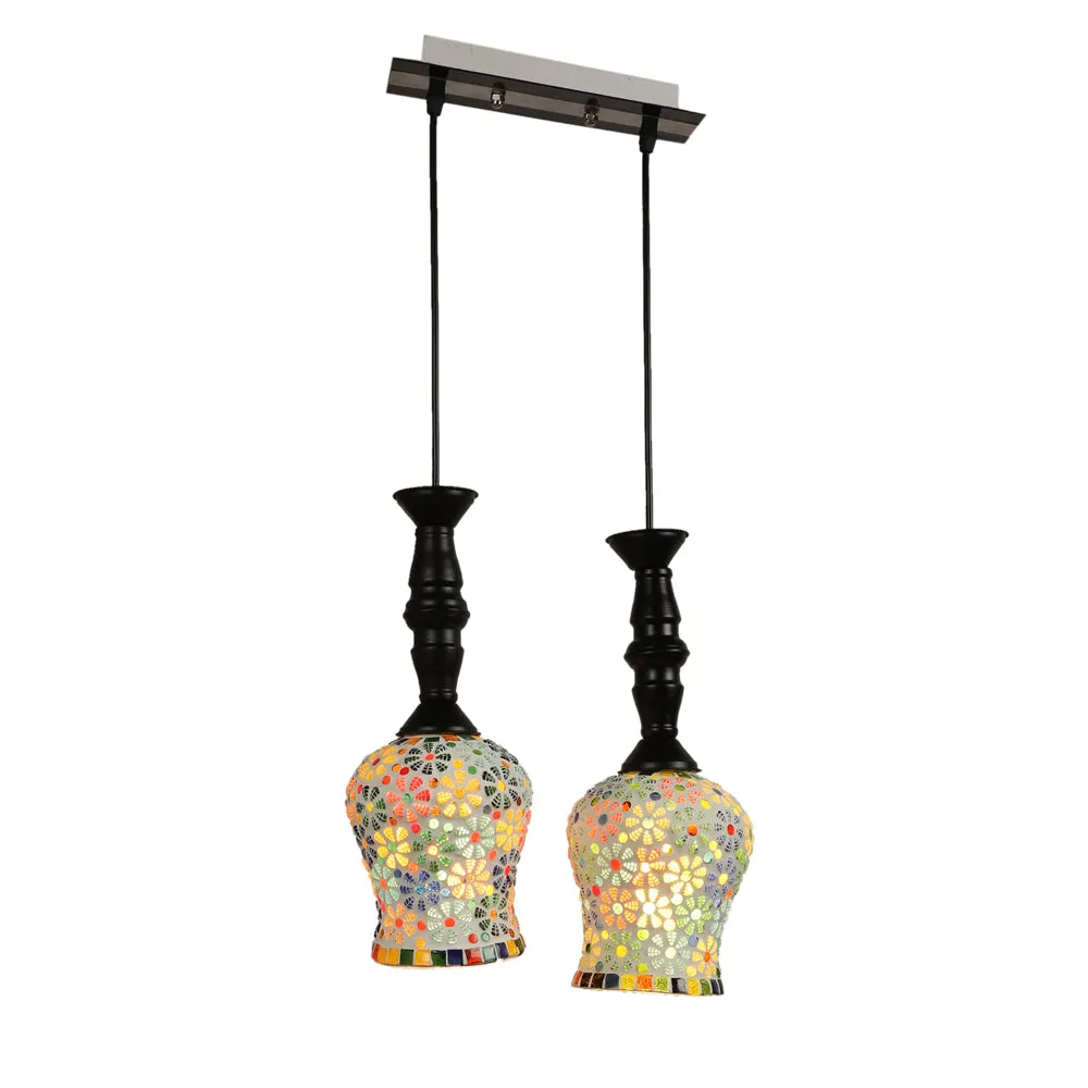 Floral Mosaic Glass Royal Traditional Ceiling Light With Black Holder