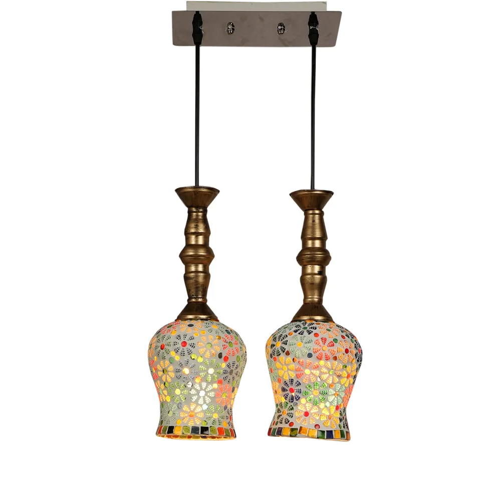 Floral Mosaic Glass Royal Traditional Ceiling Light With Golden Holder