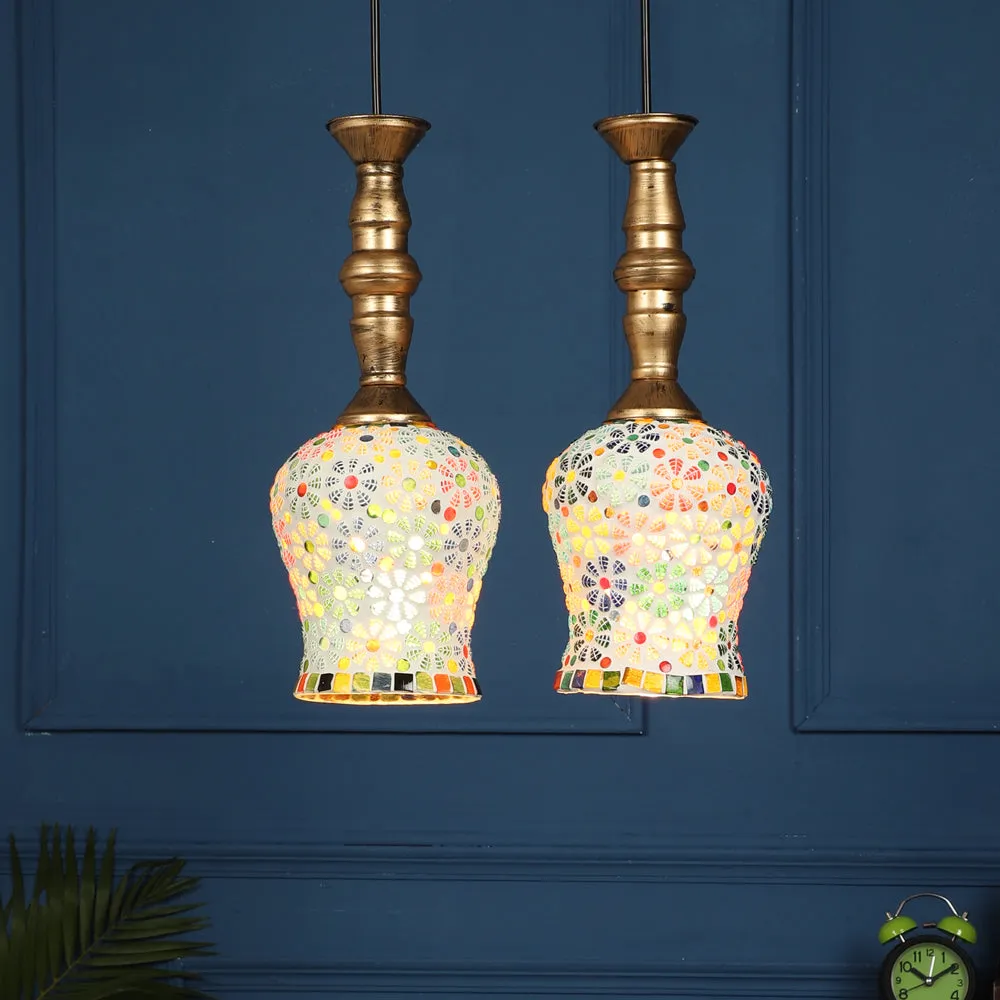 Floral Mosaic Glass Royal Traditional Ceiling Light With Golden Holder