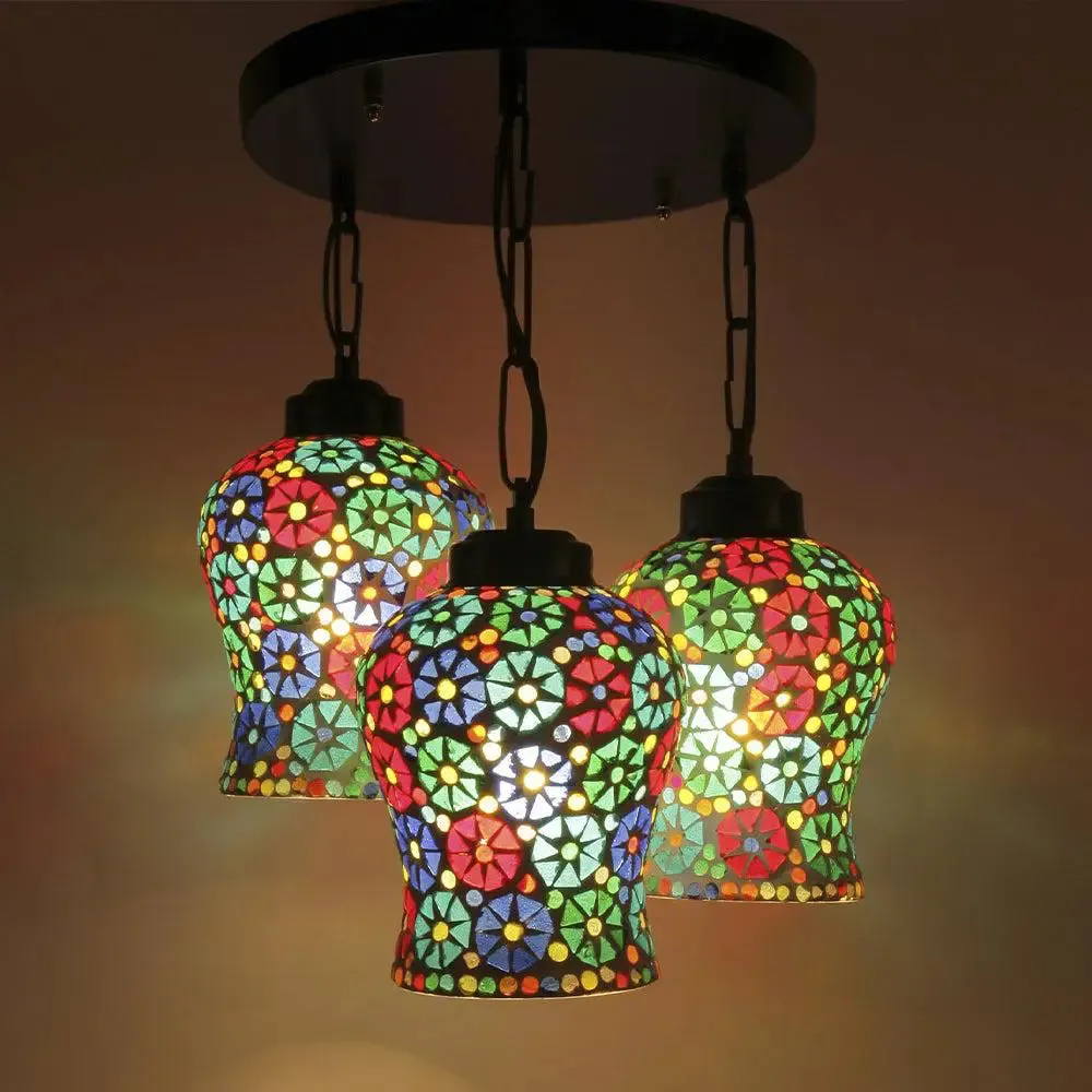 Floral Multicolor Mosaic Cluster Hanging Light