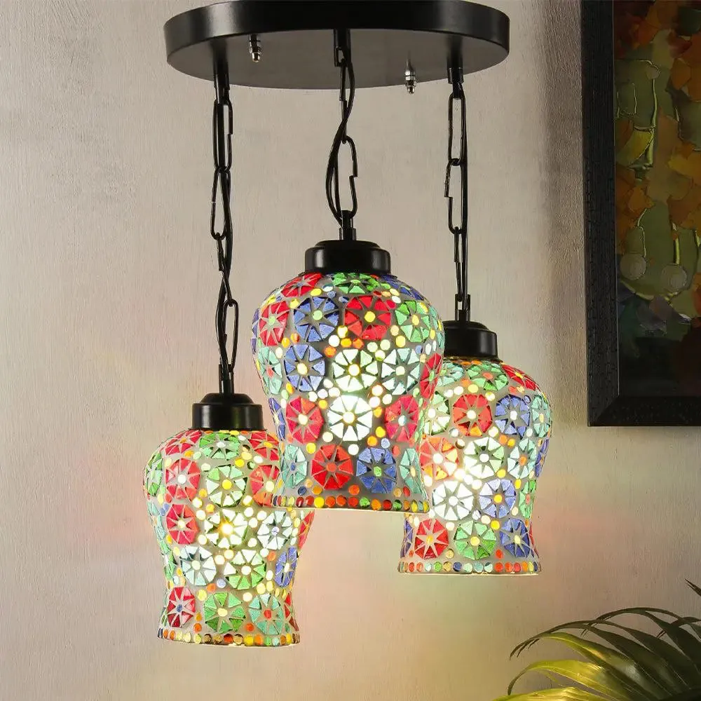 Floral Multicolor Mosaic Cluster Hanging Light