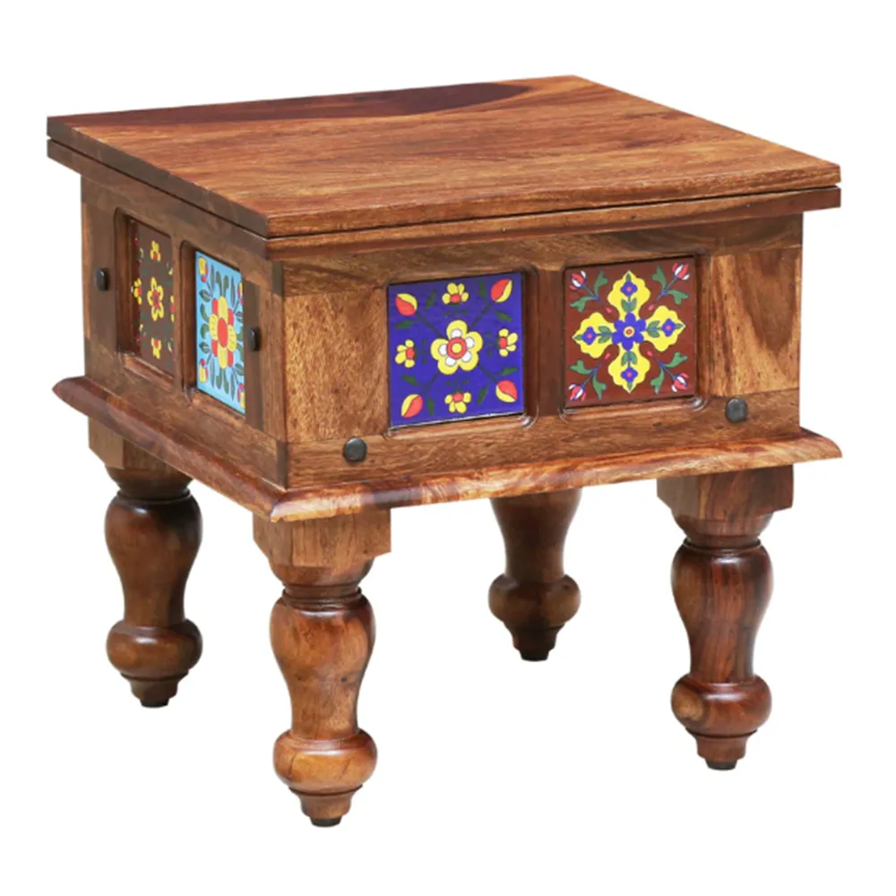 Floral Multicolored Blocked Sheesham Wood Small Bedside Table