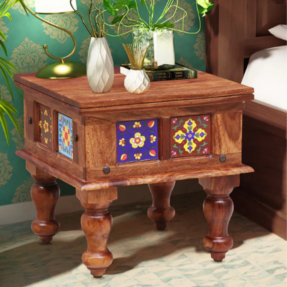 Floral Multicolored Blocked Sheesham Wood Small Bedside Table