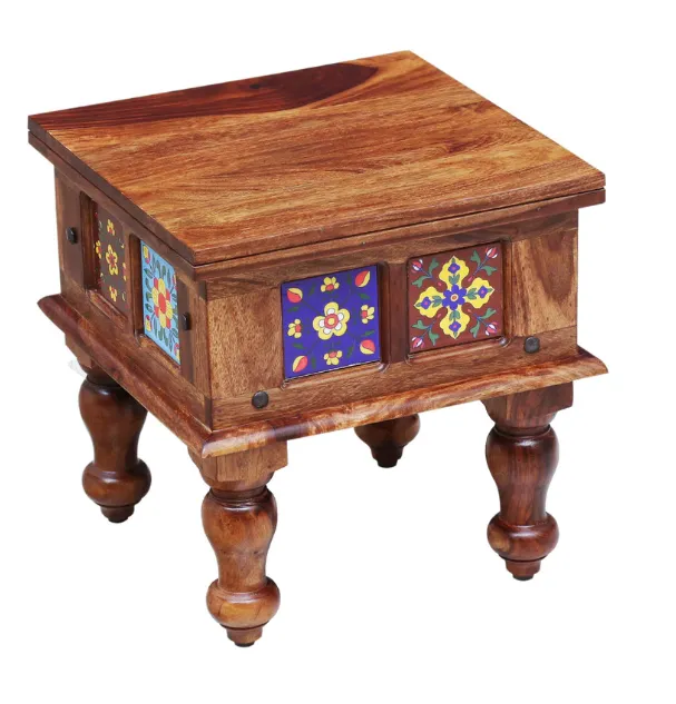 Floral Multicolored Blocked Sheesham Wood Small Bedside Table
