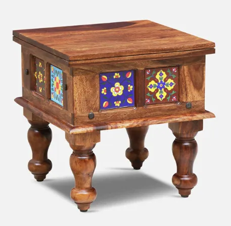 Floral Multicolored Blocked Sheesham Wood Small Bedside Table