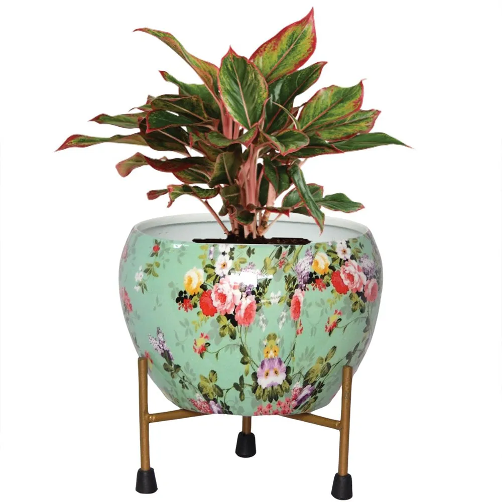 Floral Print Multicoloured Indoor Metal Plant Stand with Pot