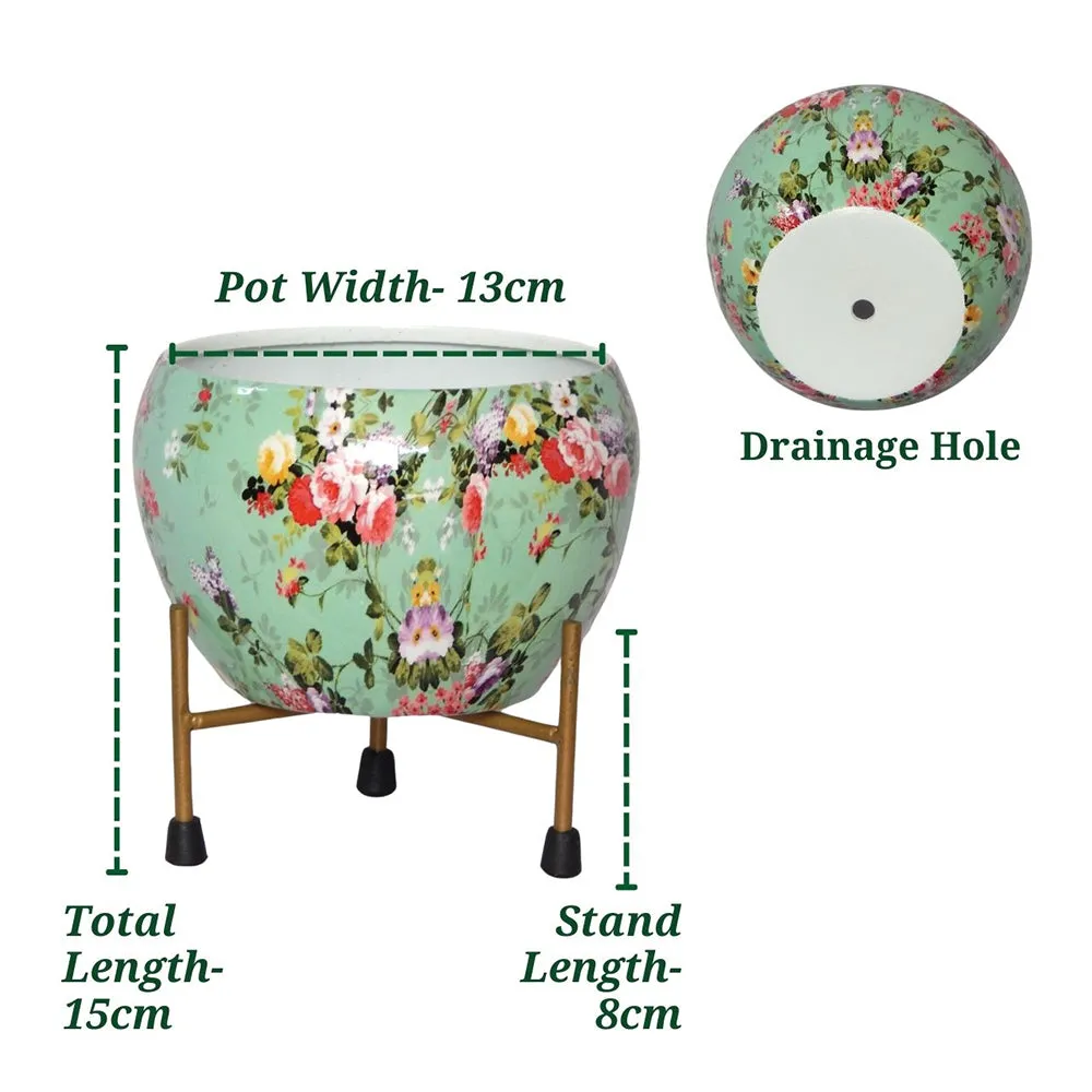 Floral Print Multicoloured Indoor Metal Plant Stand with Pot