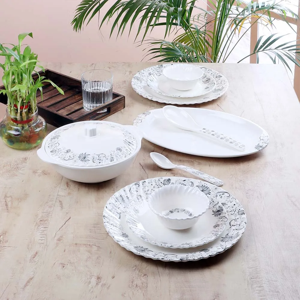 Floral Printed 40 Pieces White & Black High-quality Melamine Glossy Dinner Set