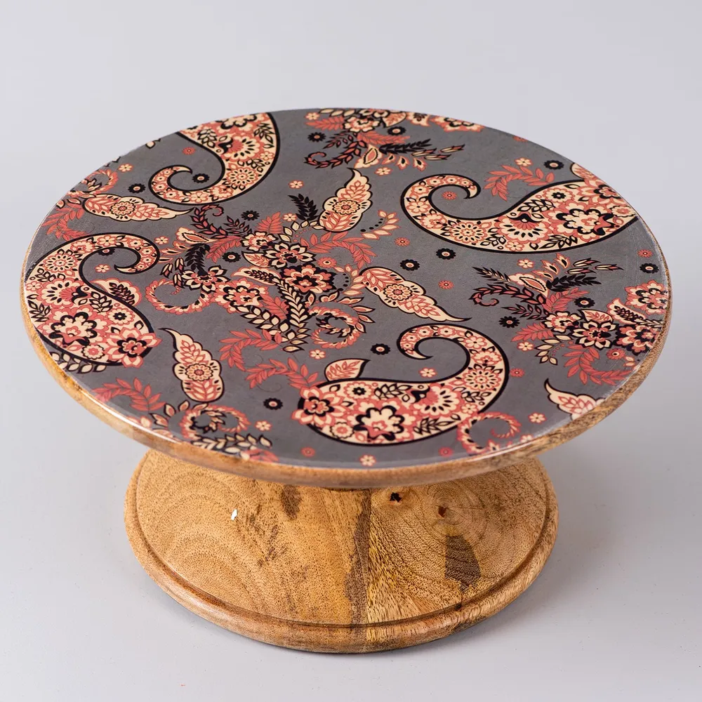 Floral Printed Grey Textured Wooden Cake Stand