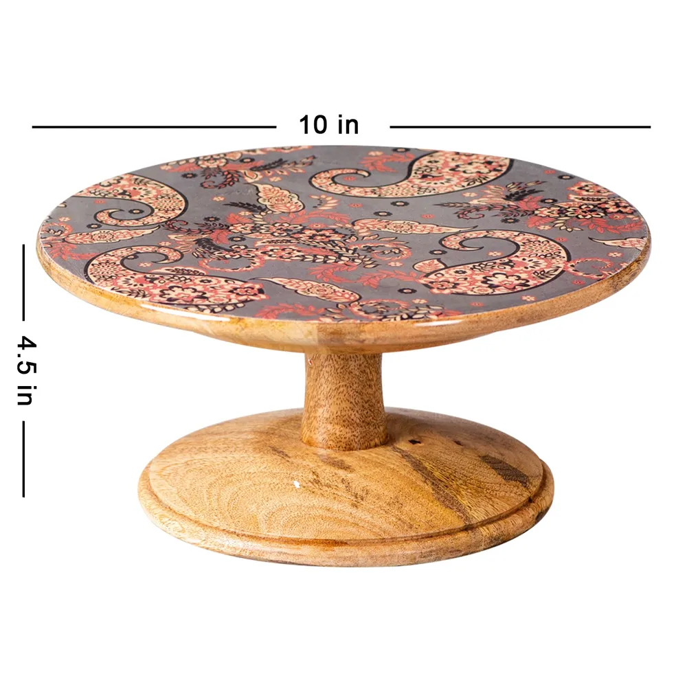 Floral Printed Grey Textured Wooden Cake Stand
