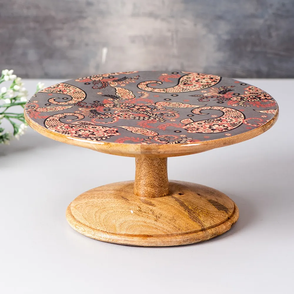 Floral Printed Grey Textured Wooden Cake Stand