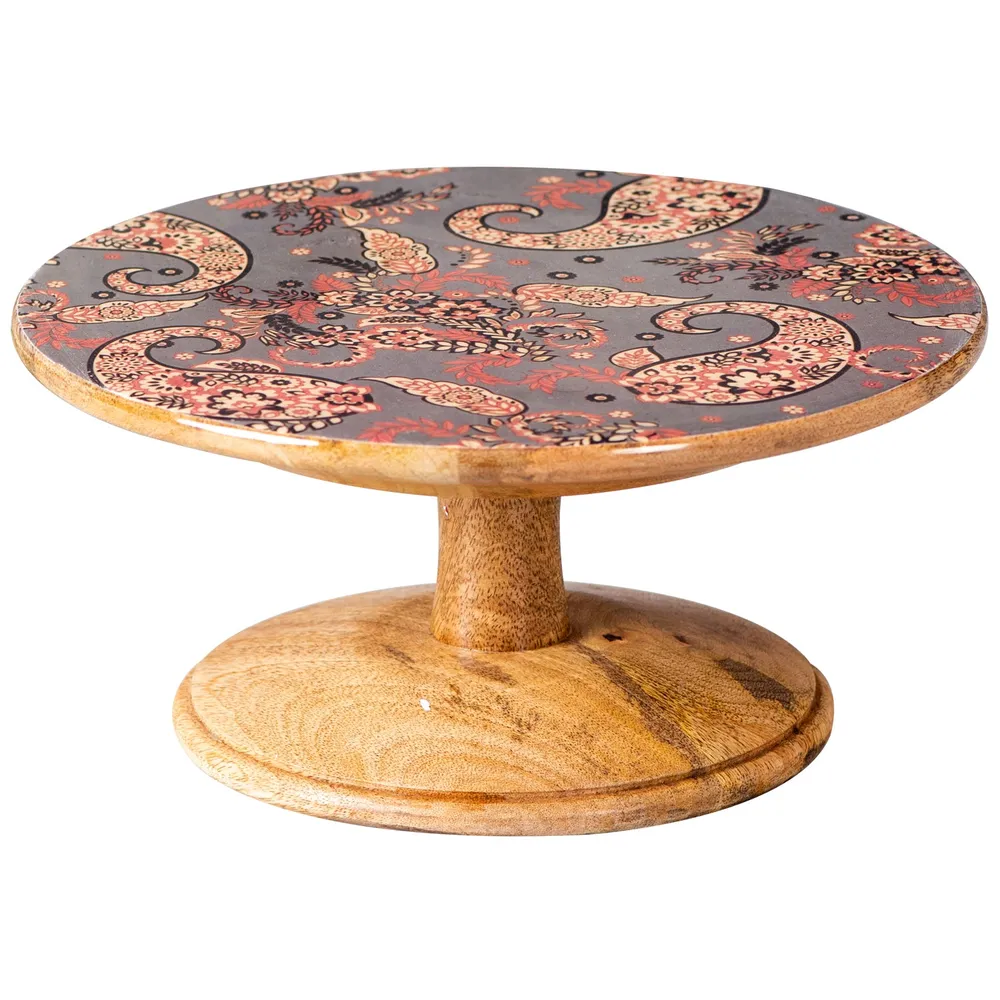 Floral Printed Grey Textured Wooden Cake Stand