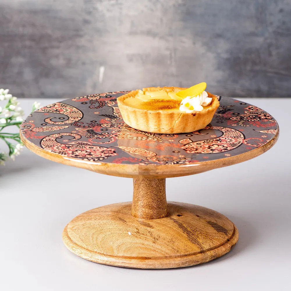 Floral Printed Grey Textured Wooden Cake Stand