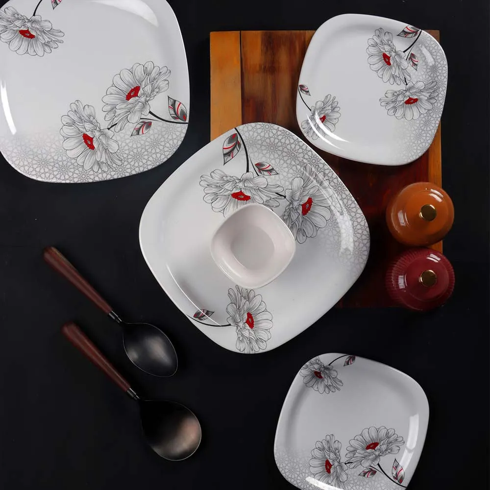 Floral Printed White & Grey 18 Pieces Premium Melamine Glossy Dinner Set