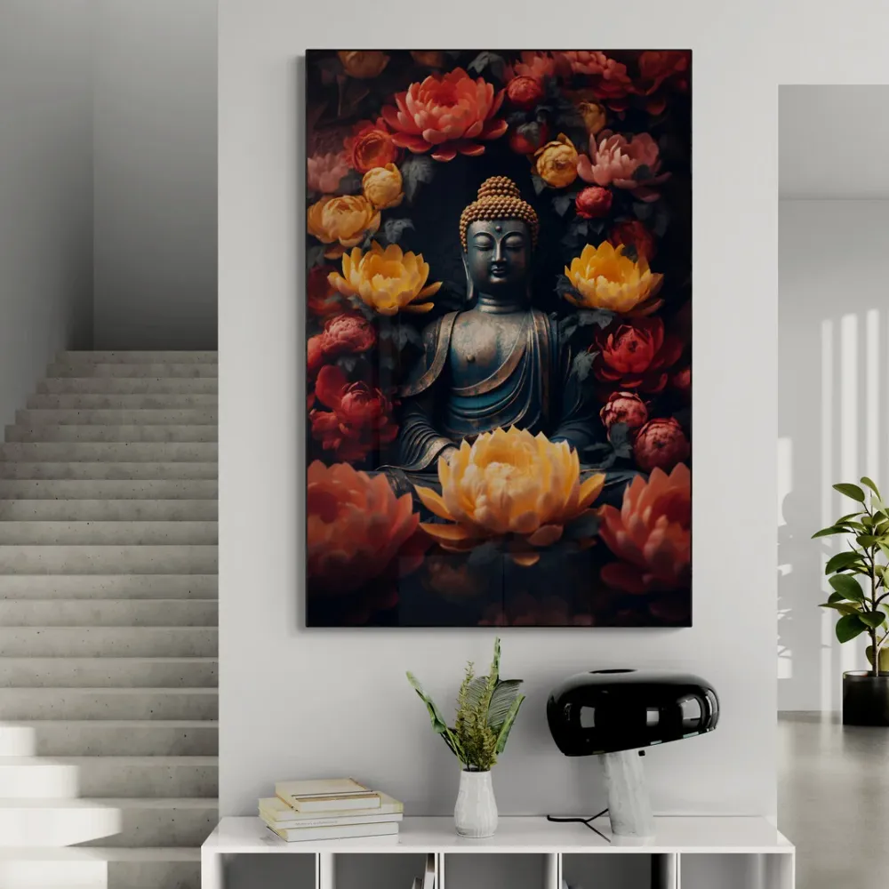 Floral Serenity Buddha Portrait Canvas Wall Painting With Frame