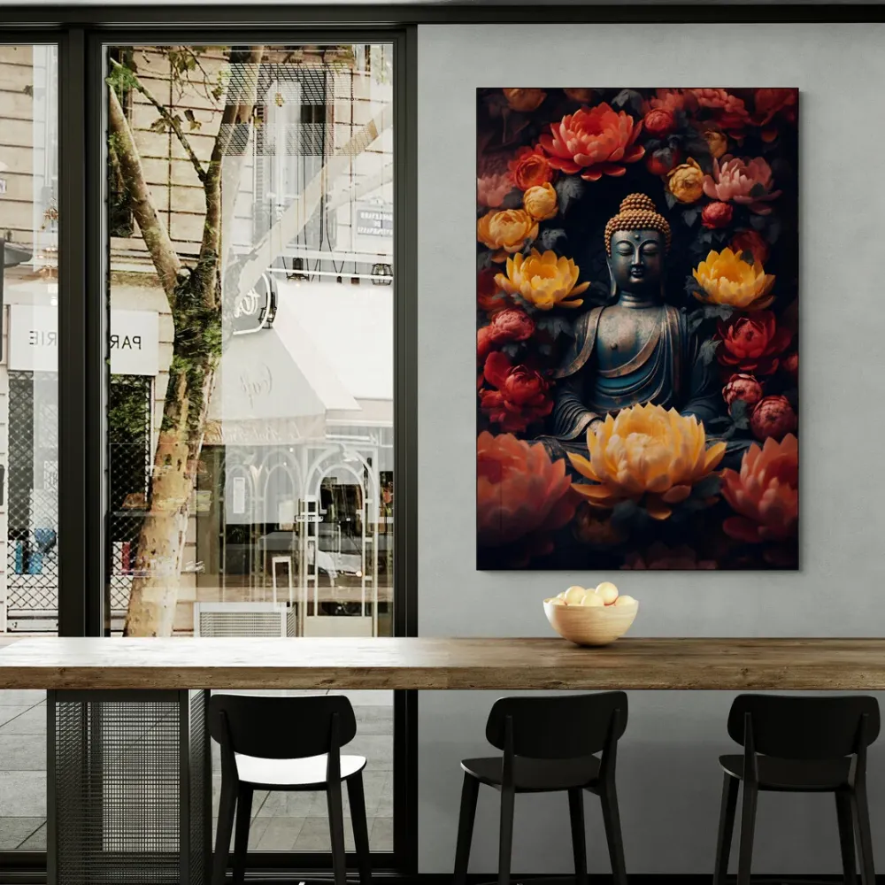 Floral Serenity Buddha Portrait Canvas Wall Painting With Frame