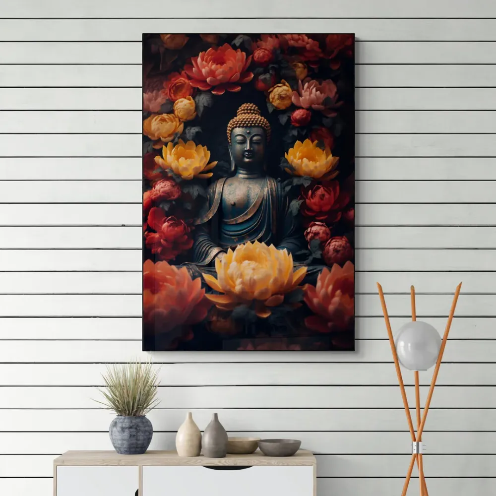 Floral Serenity Buddha Portrait Canvas Wall Painting With Frame