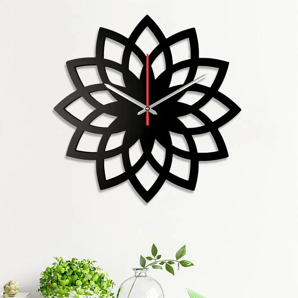 Floral Shape in Black Color Wooden Wall Clock