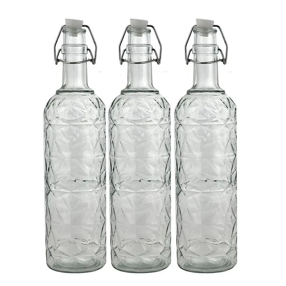 Floral Textured Crystal Transparent Glass Water Bottles Set Of 3