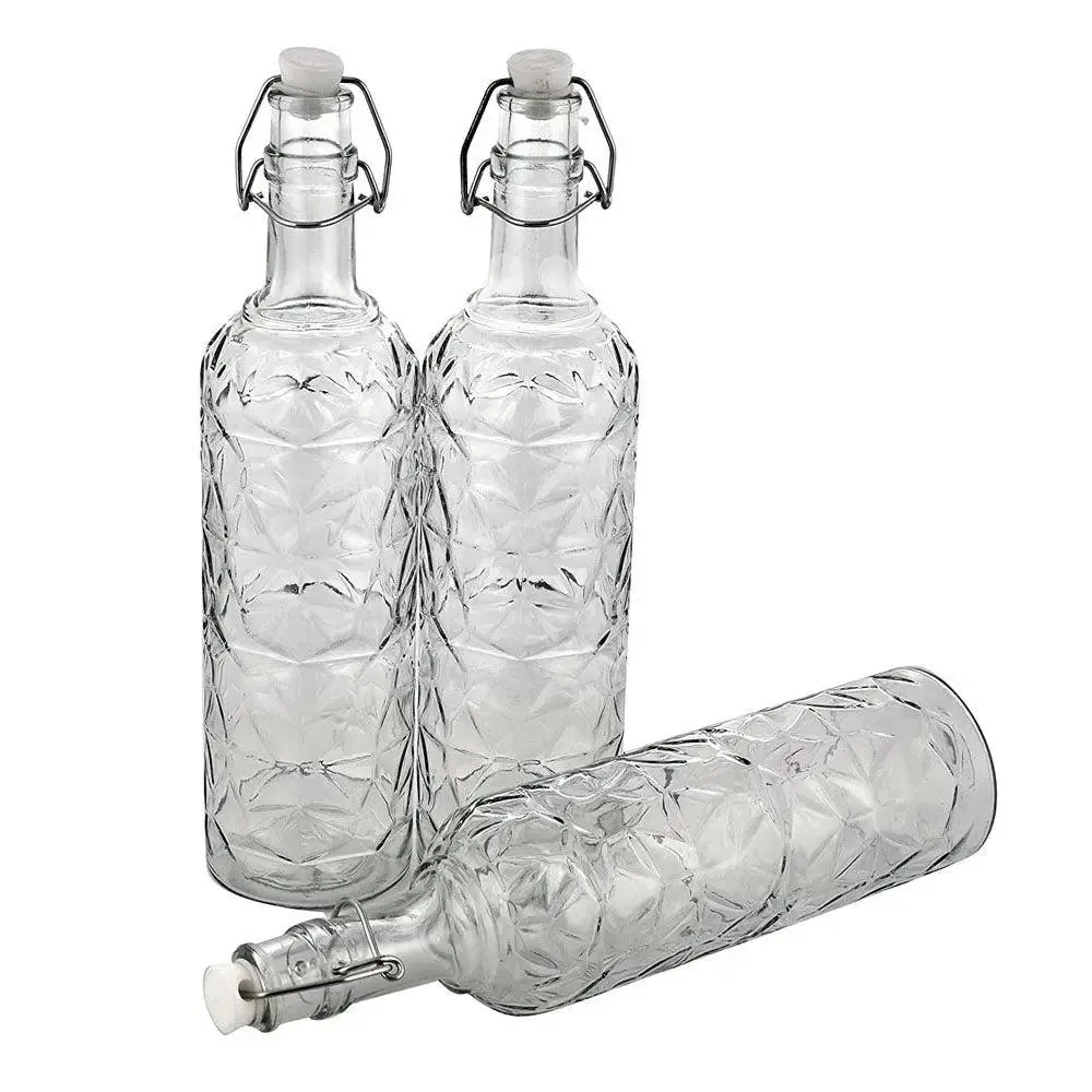 Floral Textured Crystal Transparent Glass Water Bottles Set Of 3