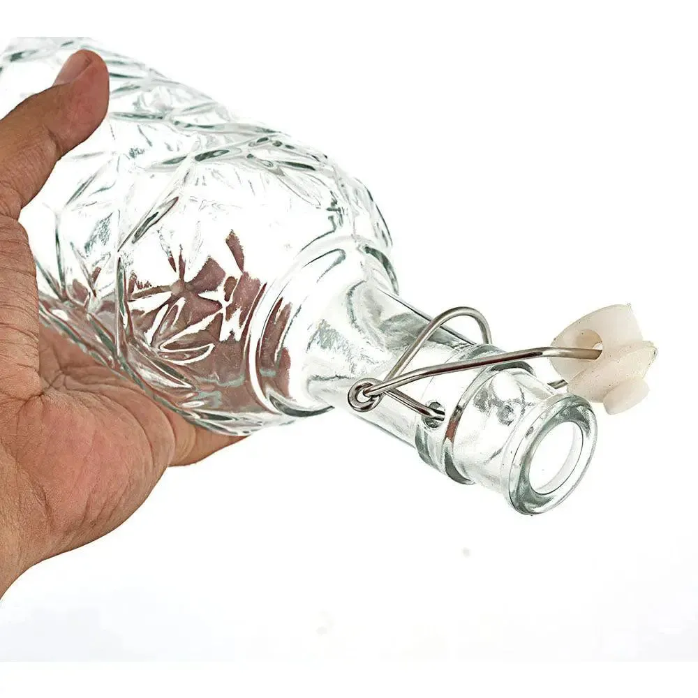 Floral Textured Crystal Transparent Glass Water Bottles Set Of 3