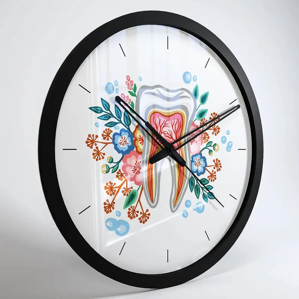Floral Tooth Dentist Office Wall Clock Black