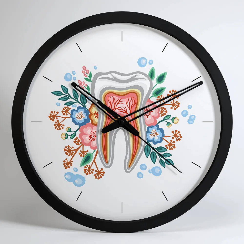 Floral Tooth Dentist Office Wall Clock Black