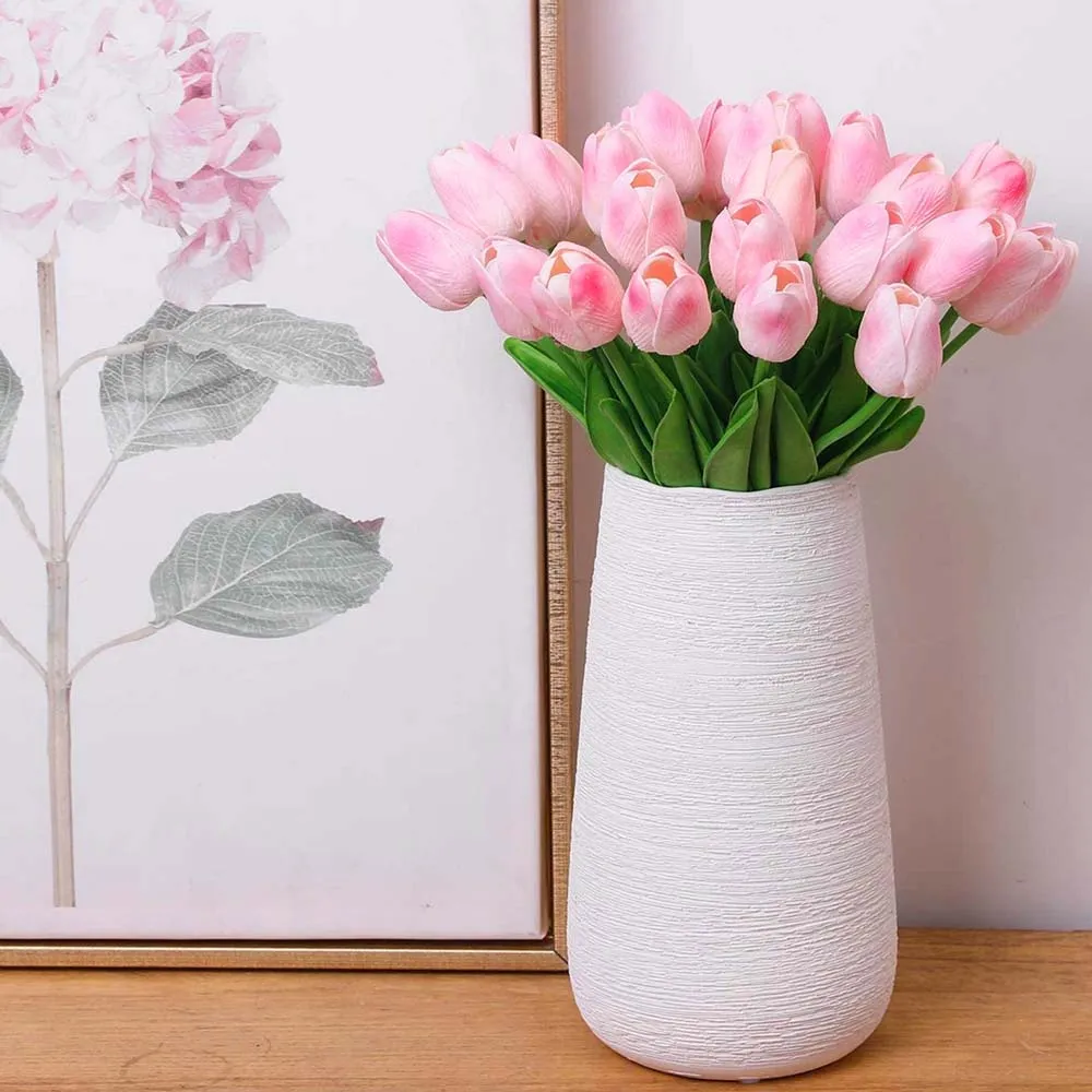 Florescent Pink Artificial Tulip Silk Flower Sticks Set Of 5