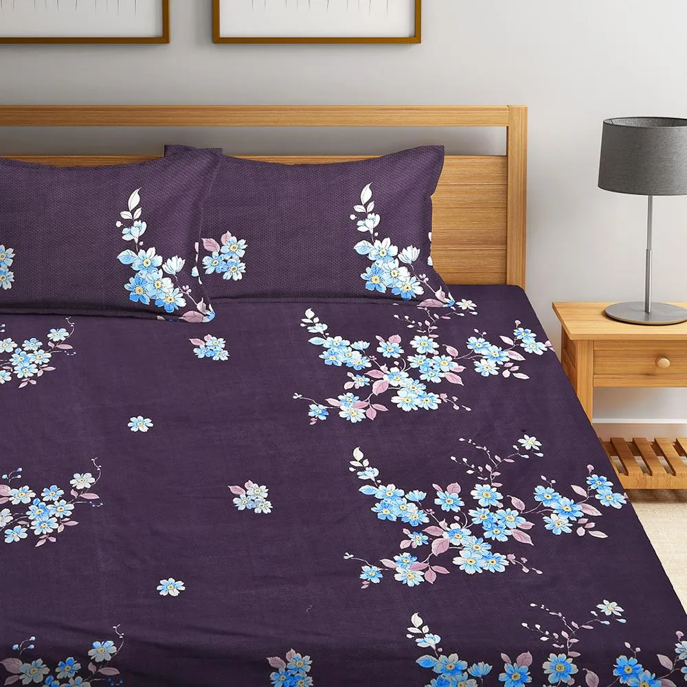 Florida Polycotton Double Floral Purple Bedsheet with Pillow Cover Queen